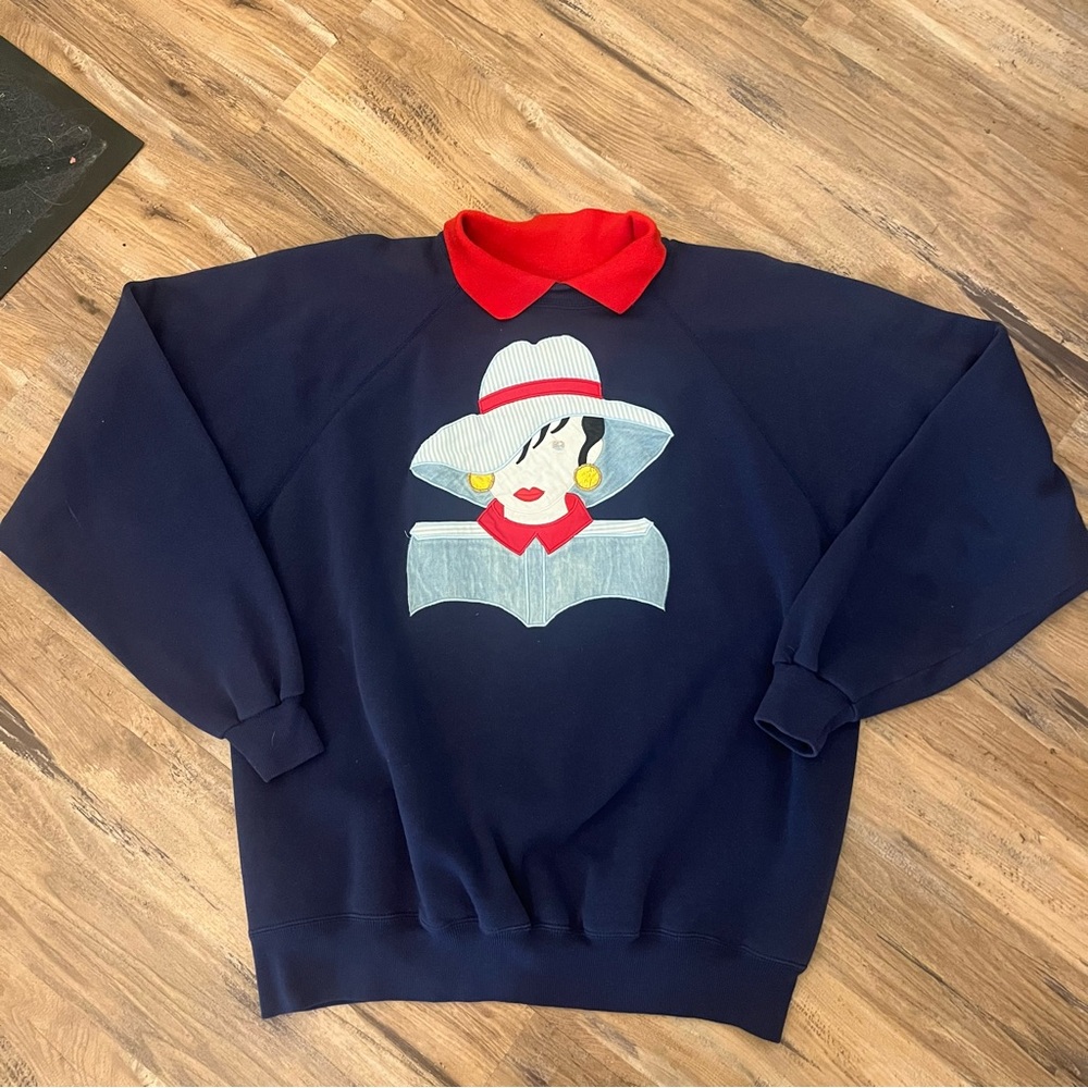 Hanes Navy Sweatshirt with Red Collar and Graphic